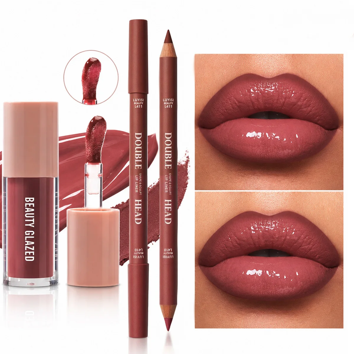 Conjunto de maquiagem labial com 2 peças, 1 delineador labial fosco de duas cores + 1 brilho labial hidratante, kit labial com textura suave, hidratante e à prova d'água.