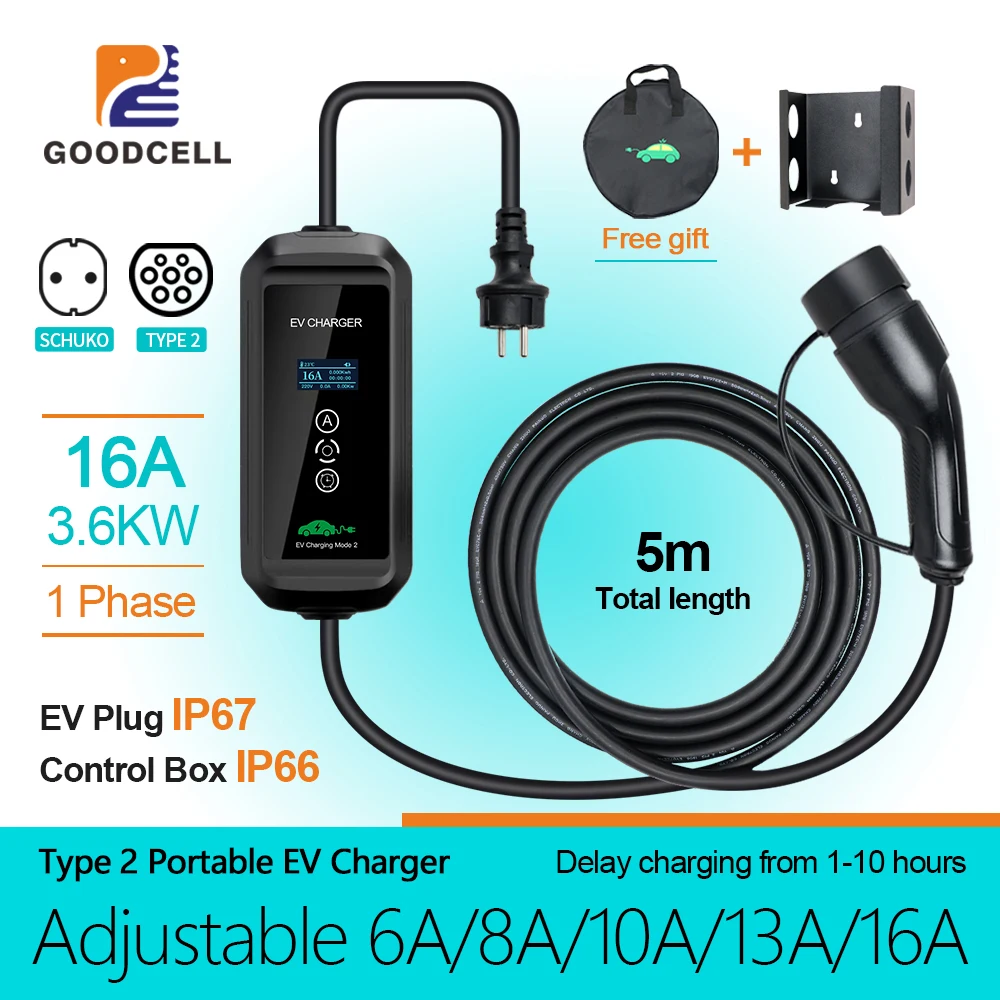 

GOODCELL Portable EV Charger 8A 10A 13A 16A 1Phase 3.6KW 5 Meters Charging Box Type2 Charger EV Charger GBT Type1 EV Charger