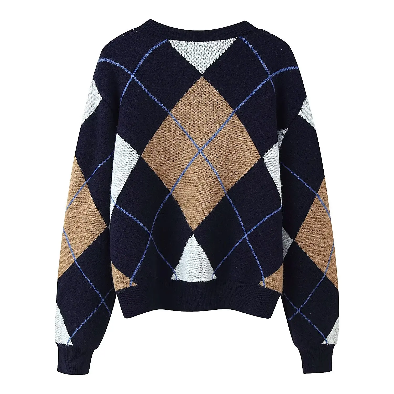 New winter style French retro-style round neck long-sleeved loose and lazy rhombus checkered pullover sweater, versatile
