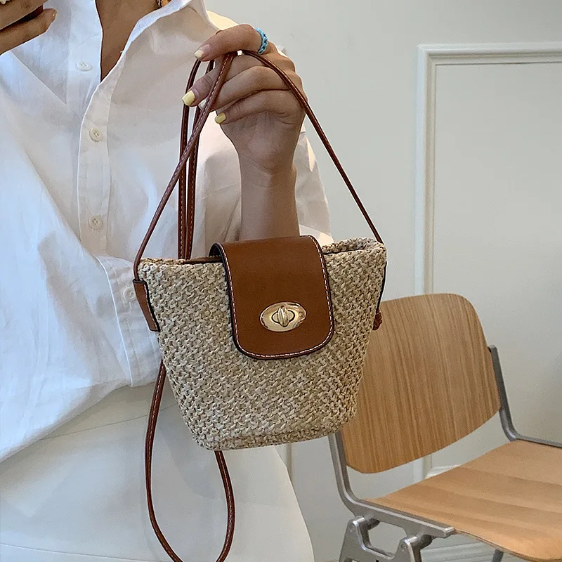 Summer 2023 New Fashion Linen Cotton Mini Shoulder Messenger Bag Women Straw Beach Bag and Purse