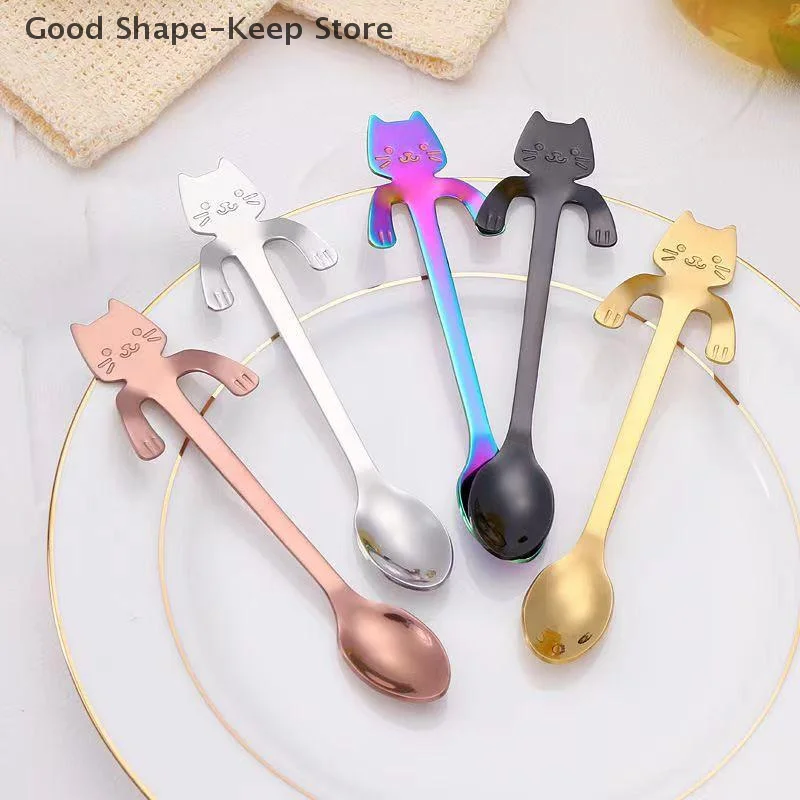 

1pc Cat Spoon Stainless Steel Coffee Spoon Lovely Cute Cat Shape Teaspoon Dessert Snack Scoop Ice Cream Mini Spoons Tableware