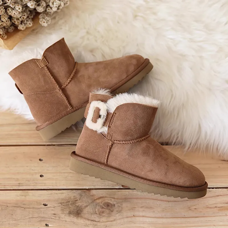 

Fashion Needle Buckle Design Natural Fur Snow Boots Classic Solid Color Winter Boots Warm Wool Women Boots Ankle Boots Shoes
