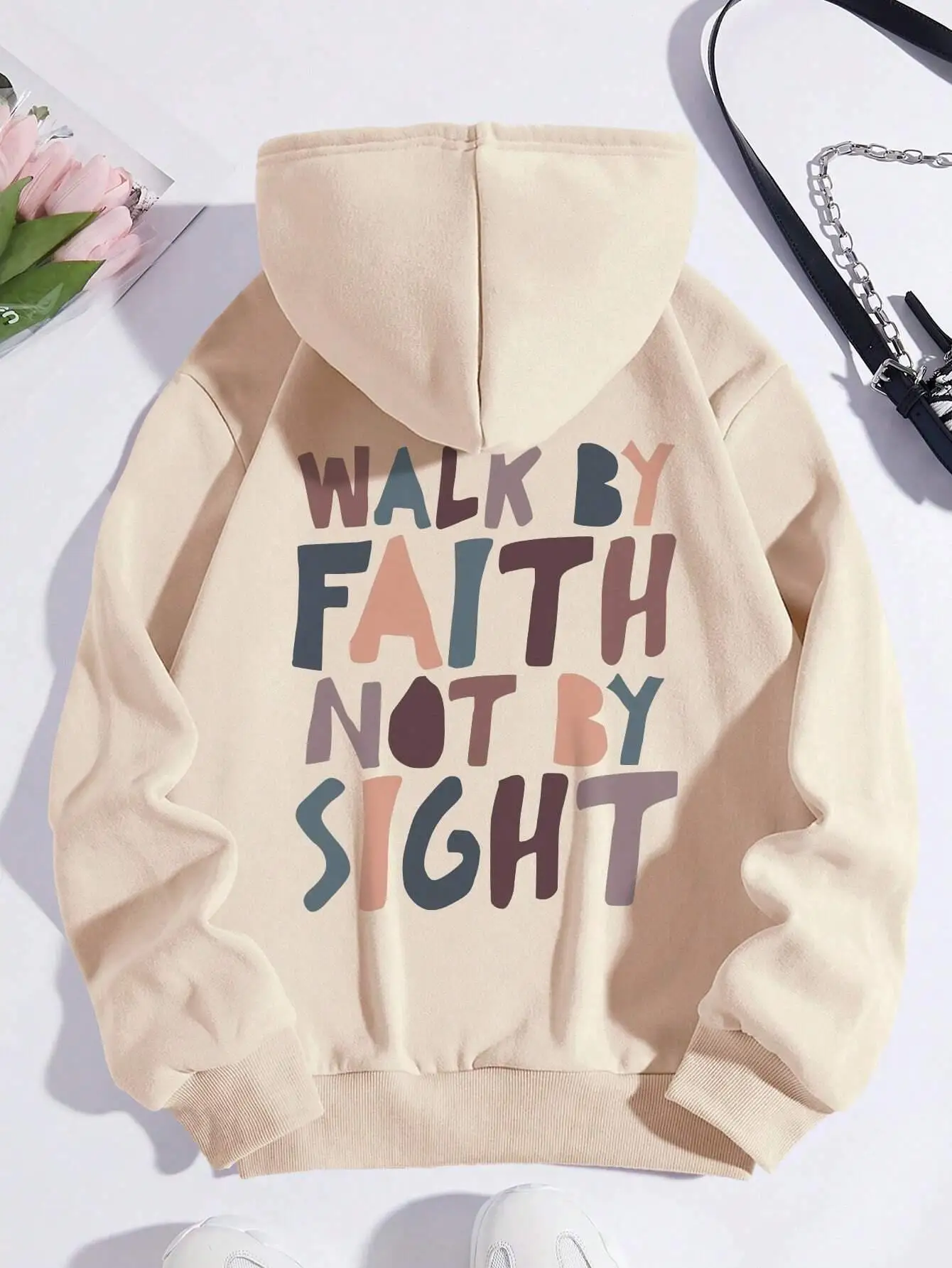 Walk By Faith Not By Sight Letter Printed Hoodies Casual Women Sweatshirts Fleece Warm Pullover Crewneck Loose Female Clothes