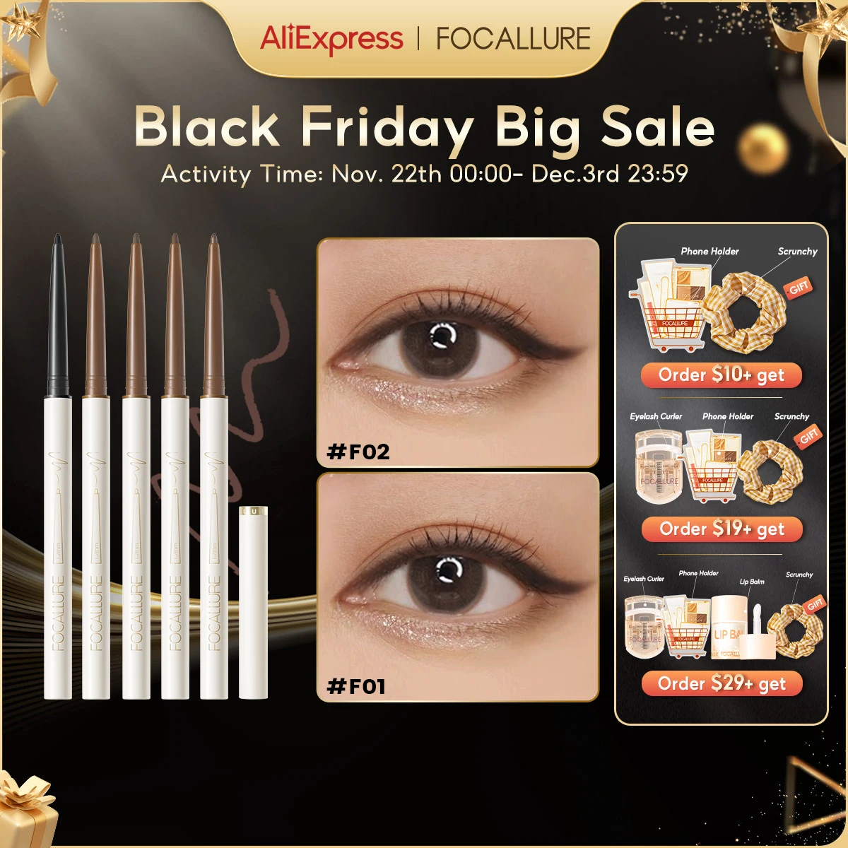 FOCALLURE Waterproof Ultra-slim Eyeliner Gel Pencil Soft High Pigment Professional Long-lasting Eyes Liner Makeup Tool Cosmetics