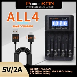 Carregador de Bateria POWERKAN ALL4 com Tela LCD, Carregador de Bateria Conveniente Pequeno para 4 Slot, 1.2V, Hi-MH, 1.5V, 3.7V, Li-ion