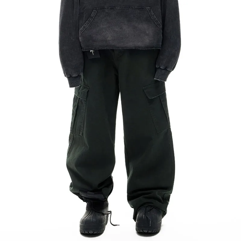 Trendy Dark Green Cotton Workwear Men's Jeans American Style MultiPocket Patchwork Design Loose Straight Denim Pants