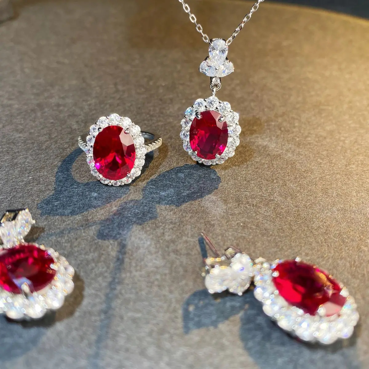 Viora Jewelry Luxury white gold solid platinum PT950 Women's Red Corundum Earrings Full Diamond Earrings suit