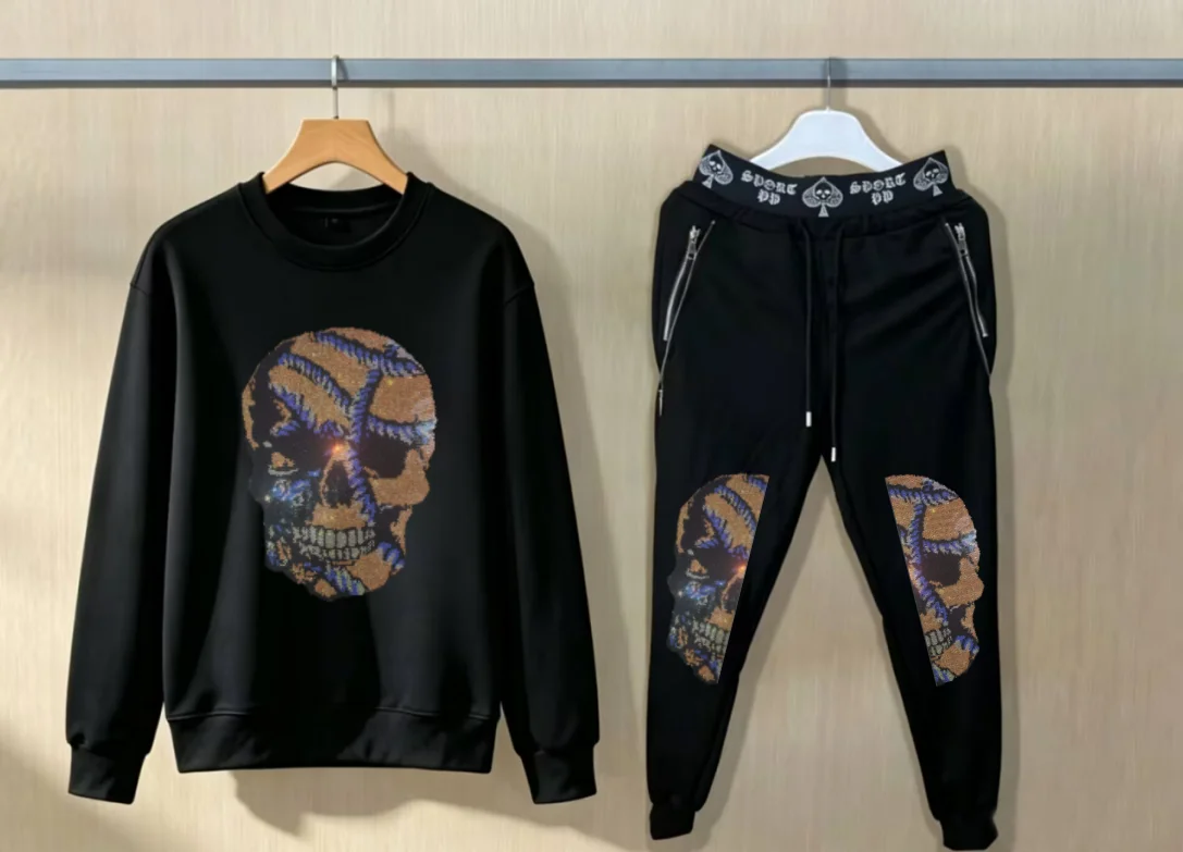 Men Hip Hop Luxury Oversize hotfix rhinestone Hoodie Fashion Suit Daily Wear Outfit Set view 3