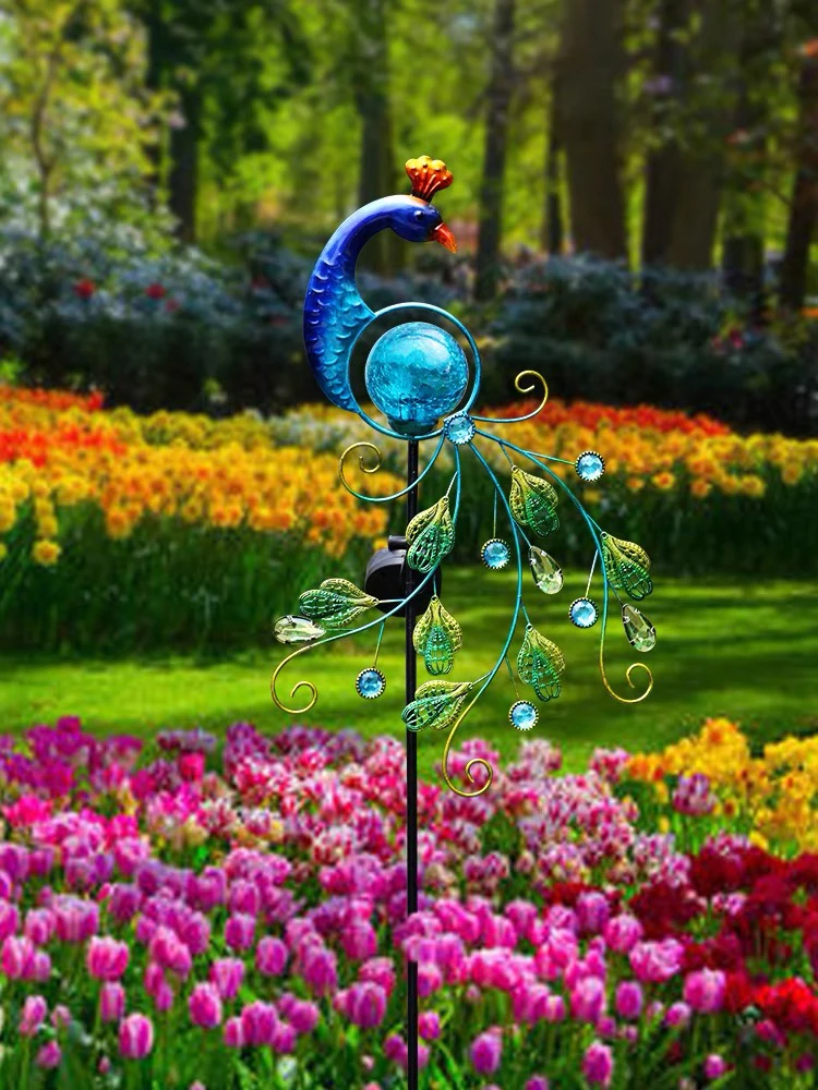 Solar Peacock Lamp, Wrought Iron Outdoor Lawn Lamp, Courtyard Garden Decoration Layout, Plug-In Lamp, Glass Cracked Ball Lamp