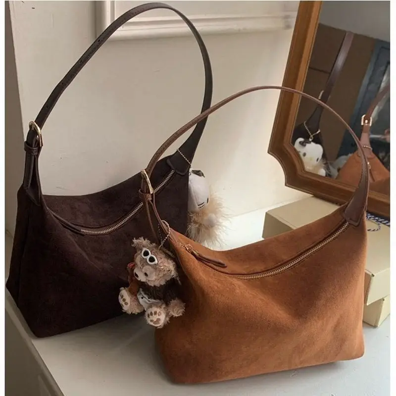 

Осенне-зимняя модная женская замшевая сумка в корейском стиле в стиле ретро, винтажная однотонная простая повседневная сумка на плечо большой вместительности