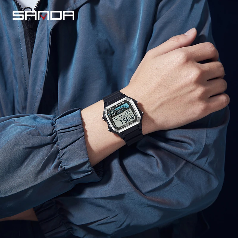 SANDA Men\'s Watch Lightweight Square Outdoor Sports Electronics Wristwatch Waterproof Alarm Clock LED Digital Watches Relojes