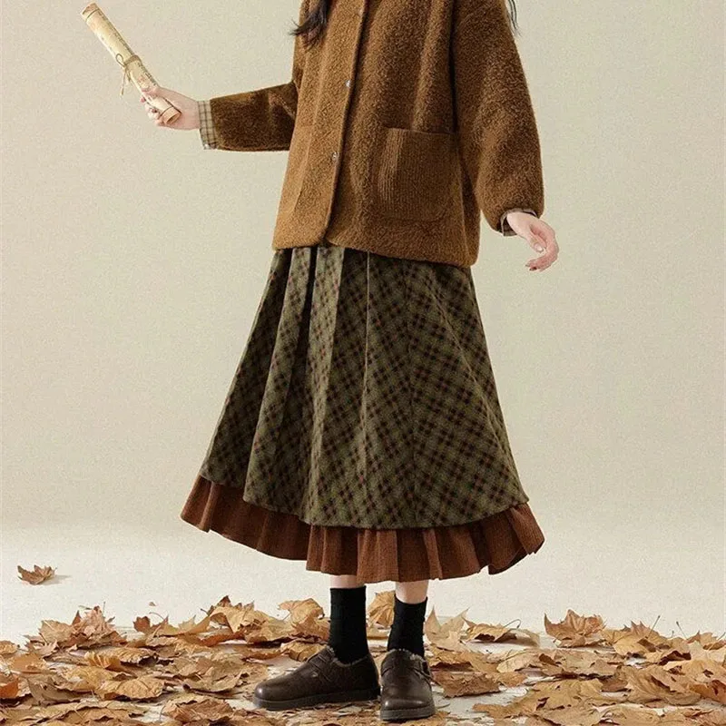 Spring Women Fashion Patchwork A-line Long Skirts Korean Ladies High Waist Maxi Skirt Autumn Femme High-end Casual Plaid Skirts