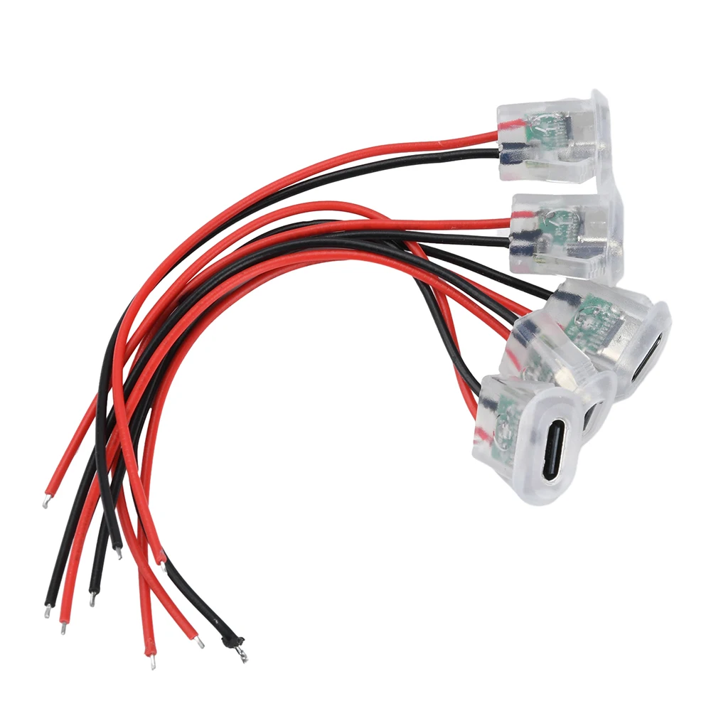 5PCS Female Connectors 2Pin USB Type-C Input Type Charging Socket Waterproof USB-C Power Port 24AWG Lead Wire With LED Lights