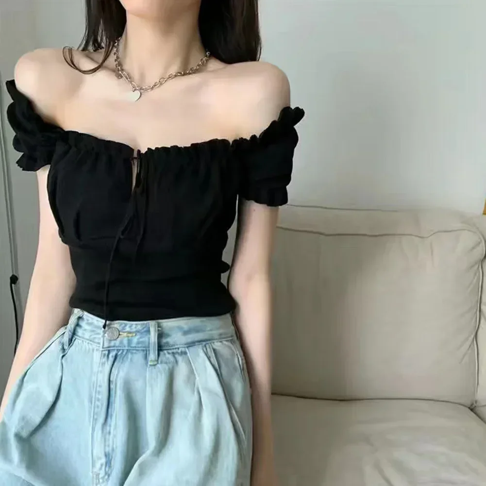 Comfortable Women Crop Top Y2K T-Shirt Outer Pastoral Pleated Sexy Shirt Shoulder Off Bandage Summer Clothes Tee