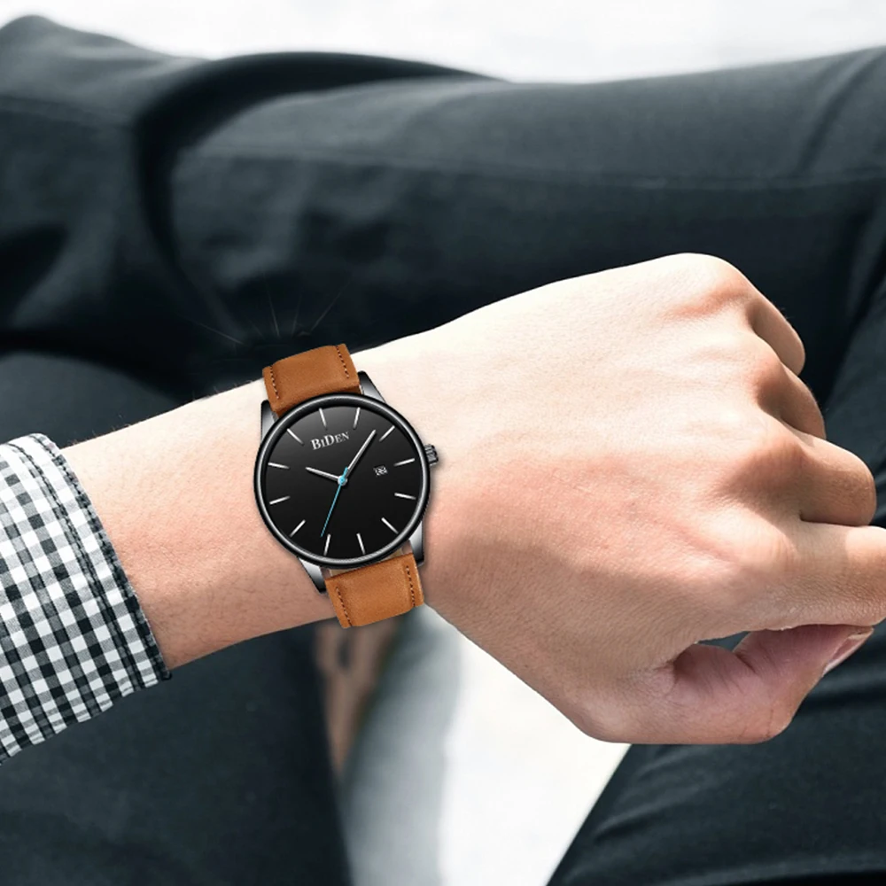 BIDEN orologio da uomo impermeabile Casual sport orologio al quarzo cinturino in pelle data automatica orologio originale