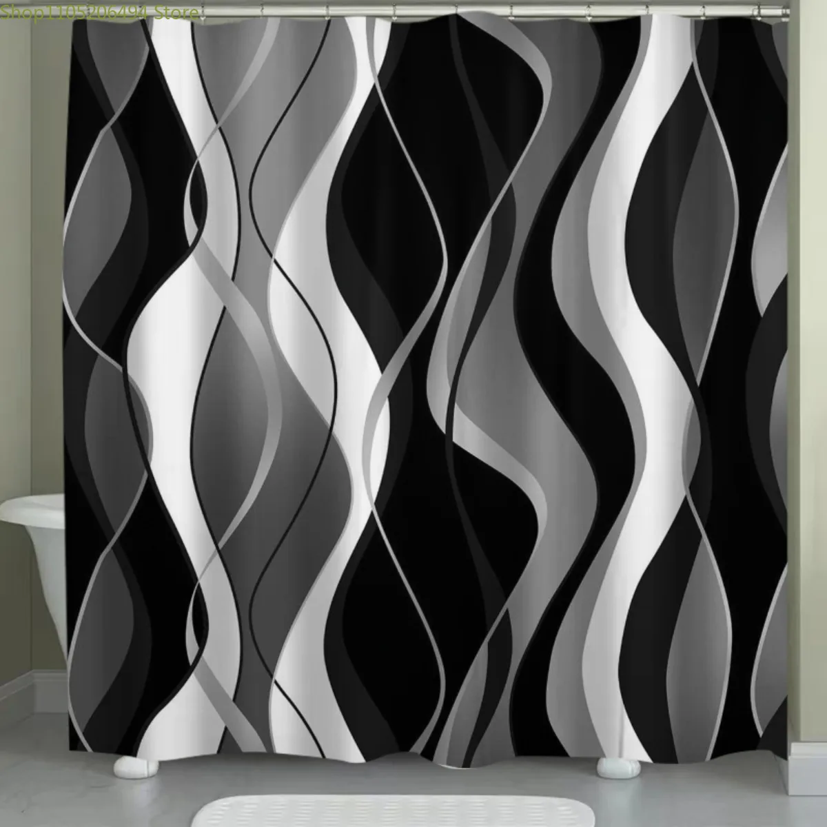 1pc Black & White Print Pattern Polyester Shower Curtain - No-Drill Hooks, Machine Washable Bathroom Decor with Modern Abstrac