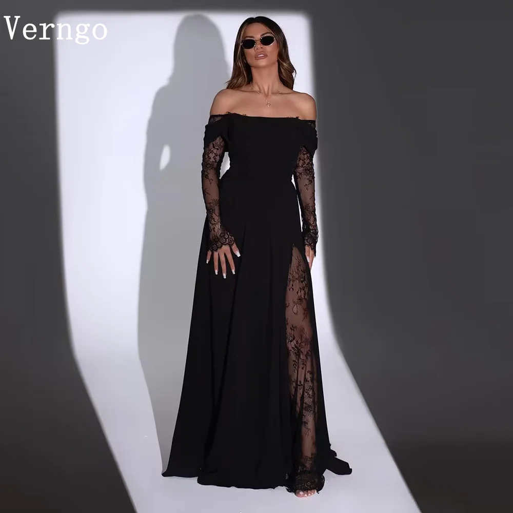 Verngo Black Lace Prom Gown Off The Shoulder Full Sleeves Evening Dress Women Side Slit Sexy Dresses For Black Girl