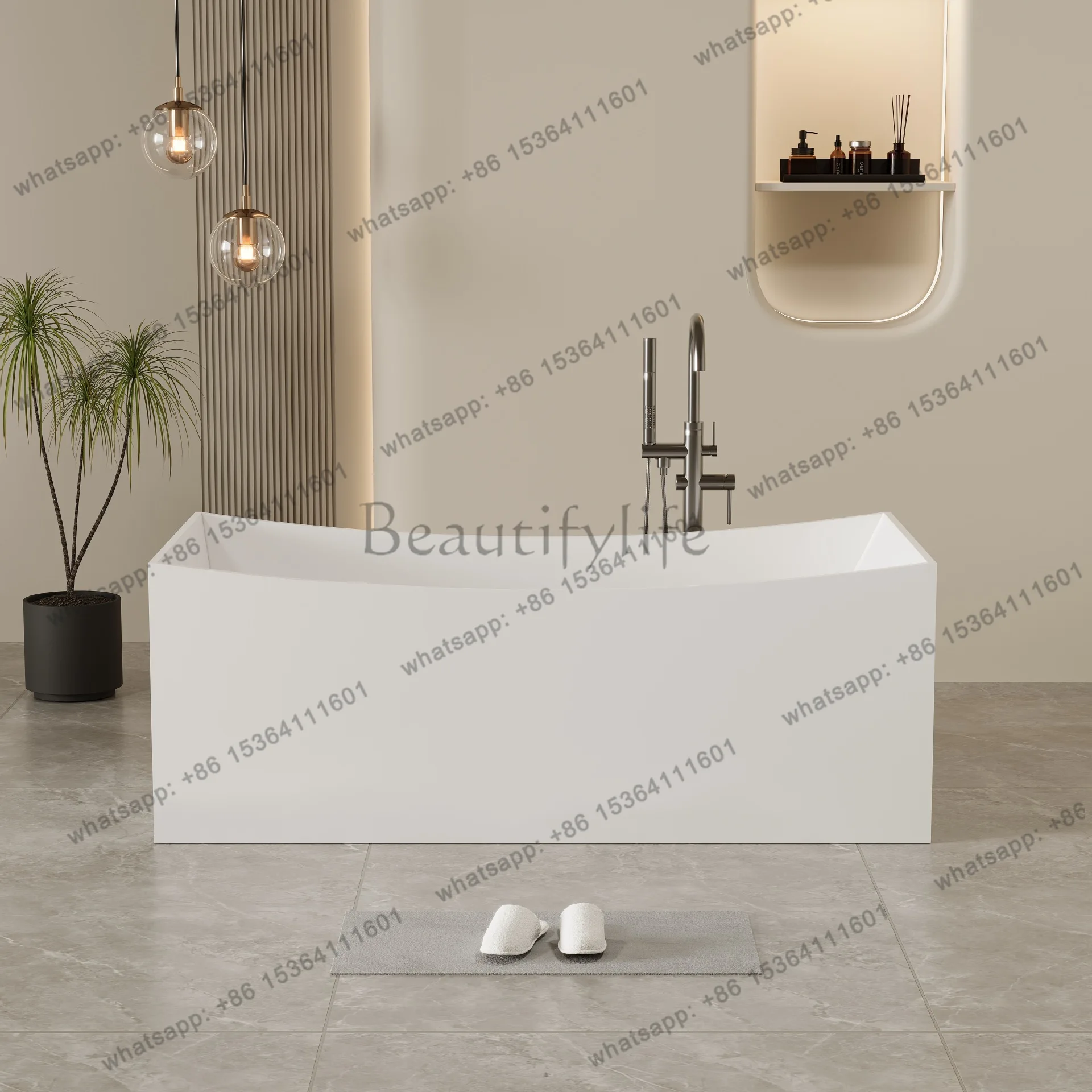 

Independent integrated ergonomic artificial stone bathtub against the wall Hotel home