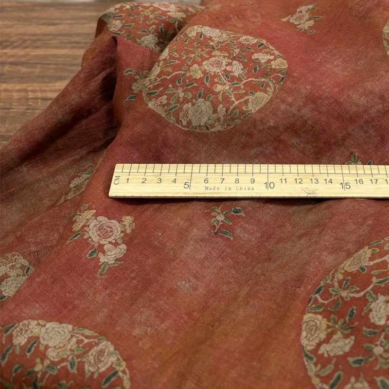 Boho Linen Fabric Rust Orange Medallion Floral Oriental Vintage Ramie Blend Lightweight for Summer Dress Top Skirt Sewing DIY