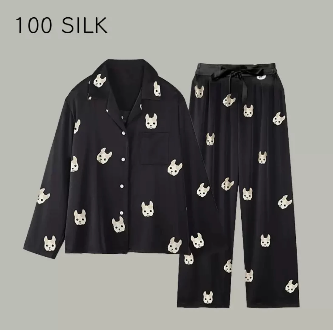 

Daily gold | High-end silk pajamas for couples, 100% mulberry silk, men's and women's same set, small puppy print, home clothes
