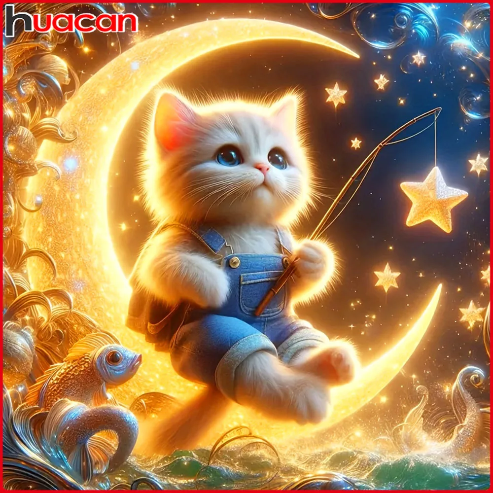 Huacan 5D DIY Diamantmalerei Katze Fisch Mond Diamant-Mosaik Tier Neue Kollektion Dekorative Gemälde