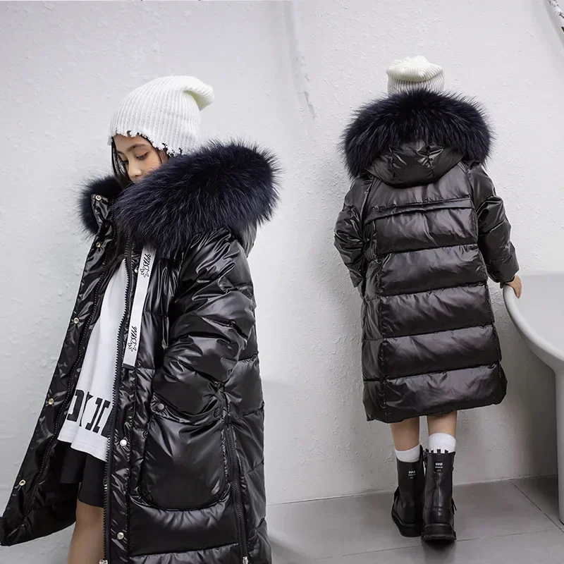 2024 Children Warm Winter Down Jackets for Girl Clothes Large Fur Hooded Coat Teenager Girls Extra Long Waterproof Parka TZ677
