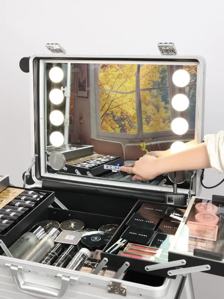 Cosmetic Case Professional Follow-up Artist with Lamp with Mirror Bracket Special Trolley Case for Makeup Artist 24 Inches
