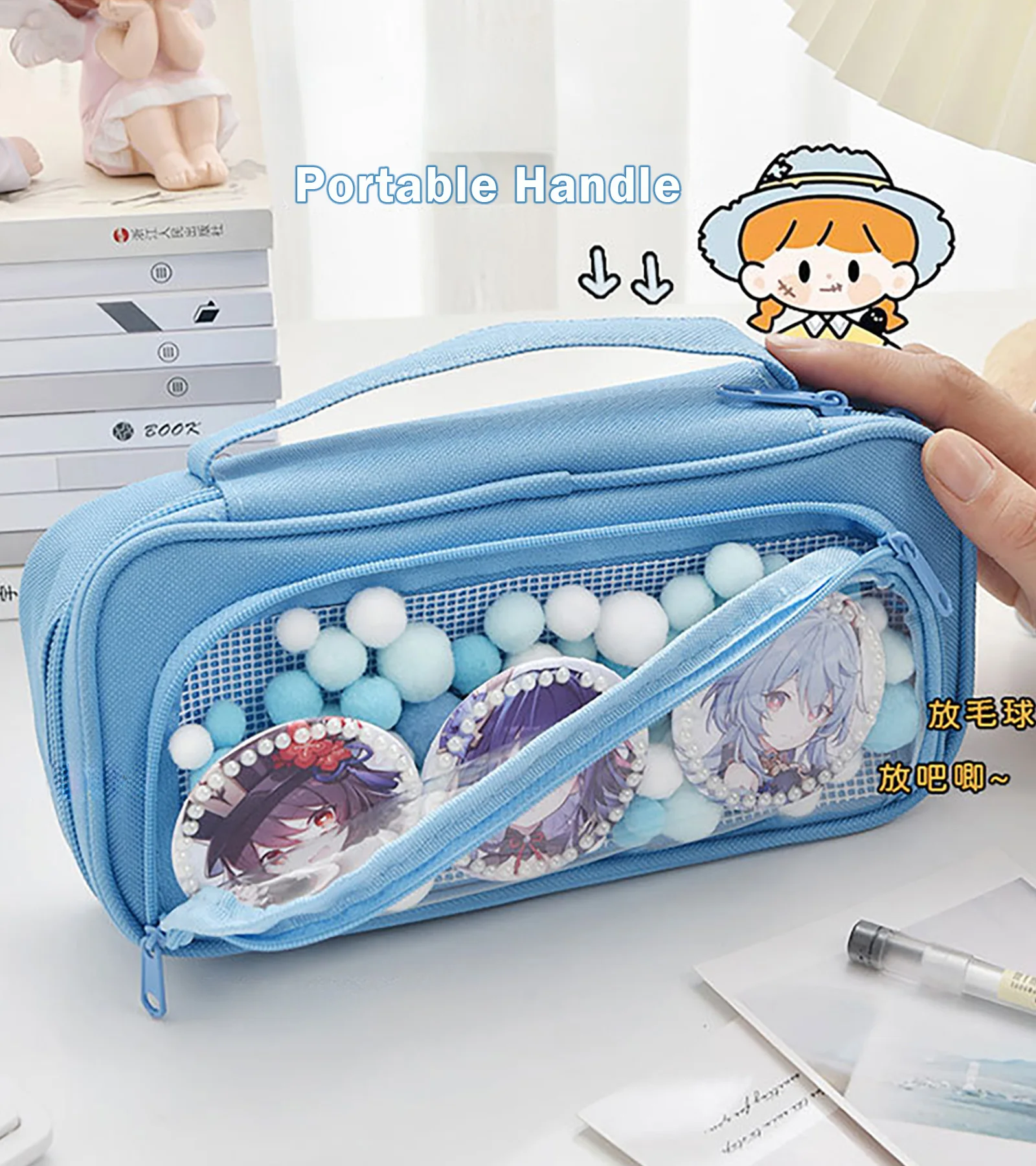 Itabag-Grid Malha Lápis Estojo com Janela Clara, Kawaii Pin Display Bag para Estudante Adolescente, Escola Universitária e Escritório