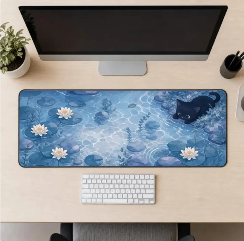 Black Cat Lotus Pond Large Edge-Stiched Desk Mat Kawaii Water Lily Extended Gaming Mouse Pad Non-Slip Rubber Base Keyboard Mat