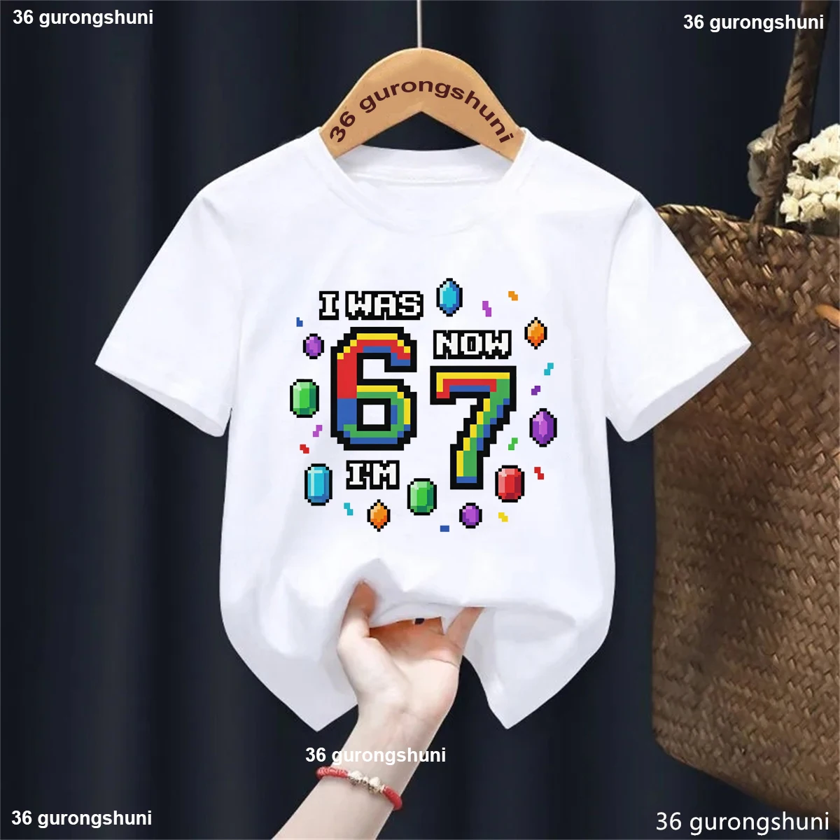 7th Birthday Gift Shirt Building Blocks 67 Meme I Was 6 Now I Am 7 Printed T Shirt Girls/Boys Funny Kids Clothes Solid T-Shirt