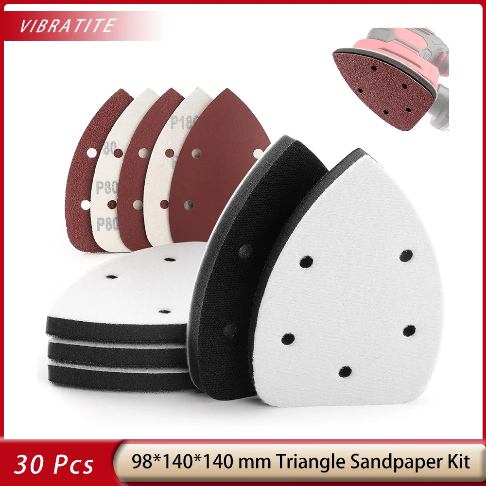 

30 Pcs 98x140x140mm 5 Holes Triangle Sanding Pad Kit Mouse Sander Sandpaper Backing Pad Come for Detail Sanding