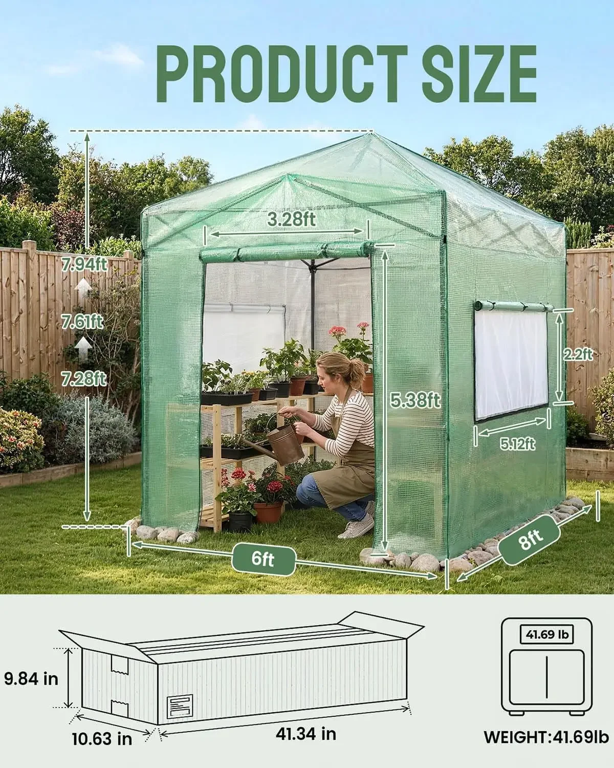 USA Stock 8x6 Pop Up Greenhouse,Walk-in Greenhouse,Green | Pop Up Portable, Center Lock One Push Instant, Roll-Up Door, Mesh Win