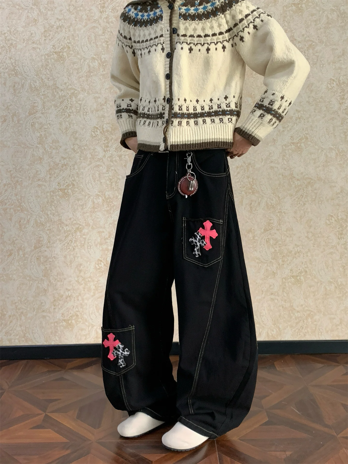 

American Style Wide Leg Black Knife Jeans Men's High Street Cross Stitch Heavy Embroidery Leather Casual Workwear