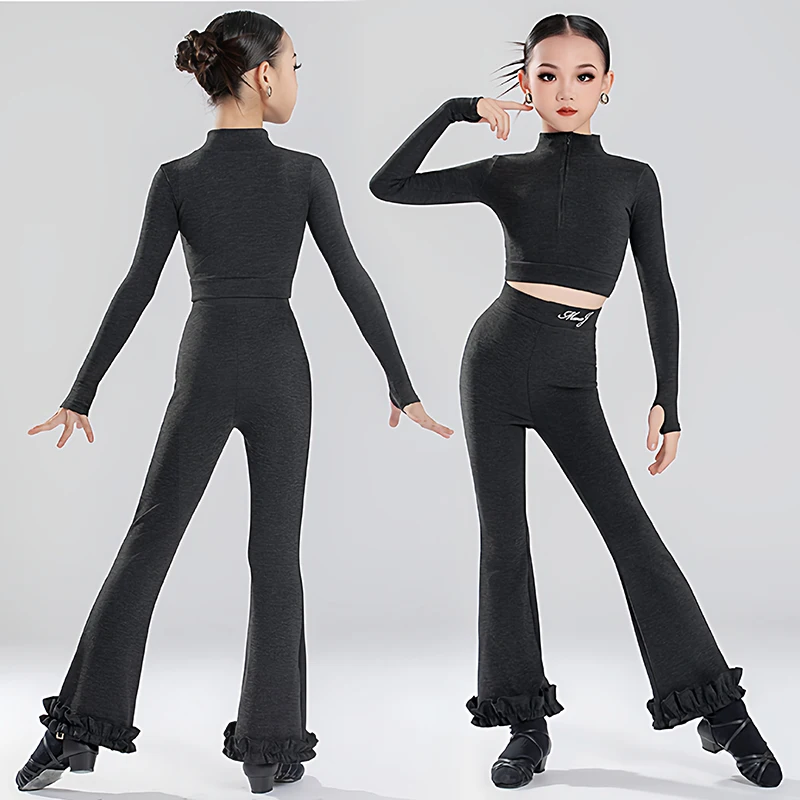 

Одежда для тренировок по латинским танцам, серый топ и брюки, комплект для девочек, тренировочный костюм с длинными рукавами для латинских танцев, детская одежда для танцев ча-ча 4779