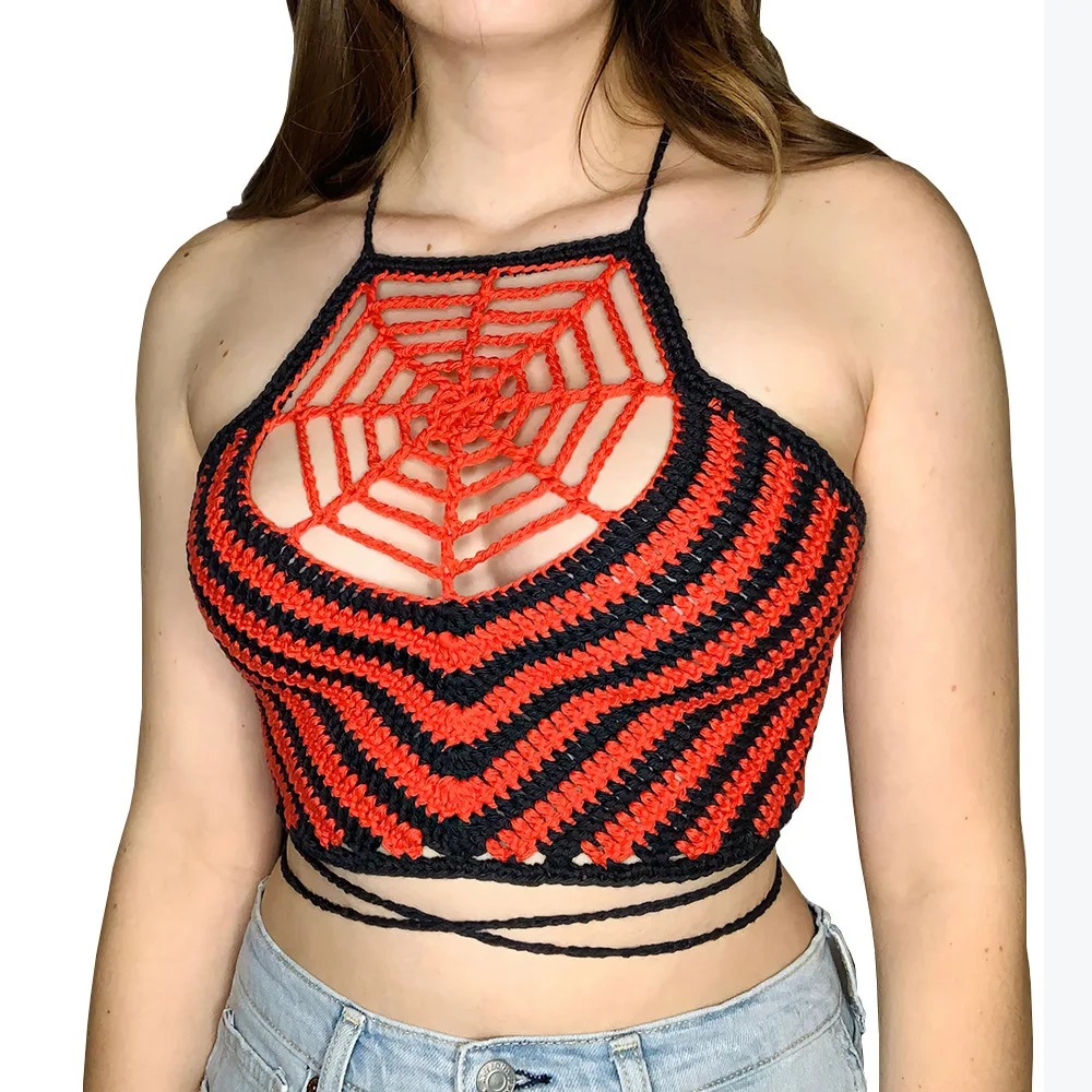 2023 Novo Peito Sexy Mostrando Aranha Web Handmade Crochet Malha Peito das Mulheres Envolvimento Swimwear Top De Biquíni De Praia