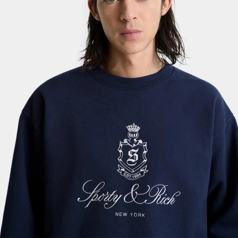 Autumn New Arrive Vintage Unisex Sport Club Embroidered Sweatshirt Navy Oversize Cotton Crewneck Pullover Street Fashion Jumpers