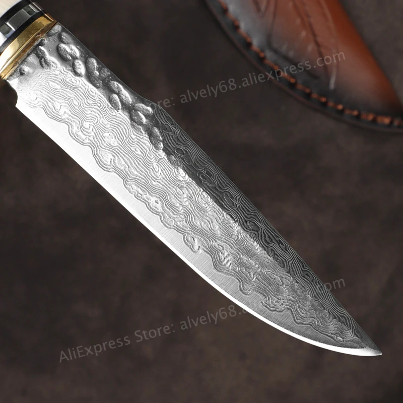 VG10 Damascus Steel Fixed-Blade Knife, Men's Knife, Natural Antler Handle, Ideal for Outdoor Camping, Hiking, and as an EDC Tool view 3