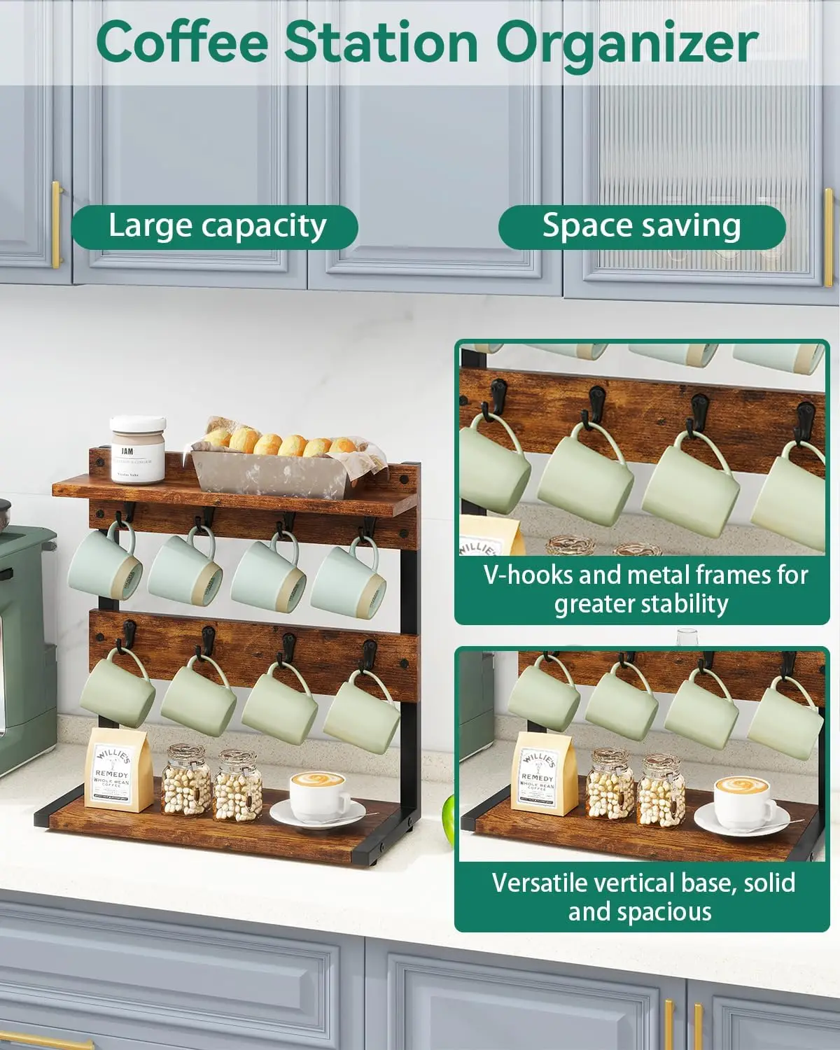 Rustic Coffee Mug Holder Stand, 2 Tier Countertop Mug Tree Holder RackVintage Mug Holders for Kitchen, Holds 8 Mugs