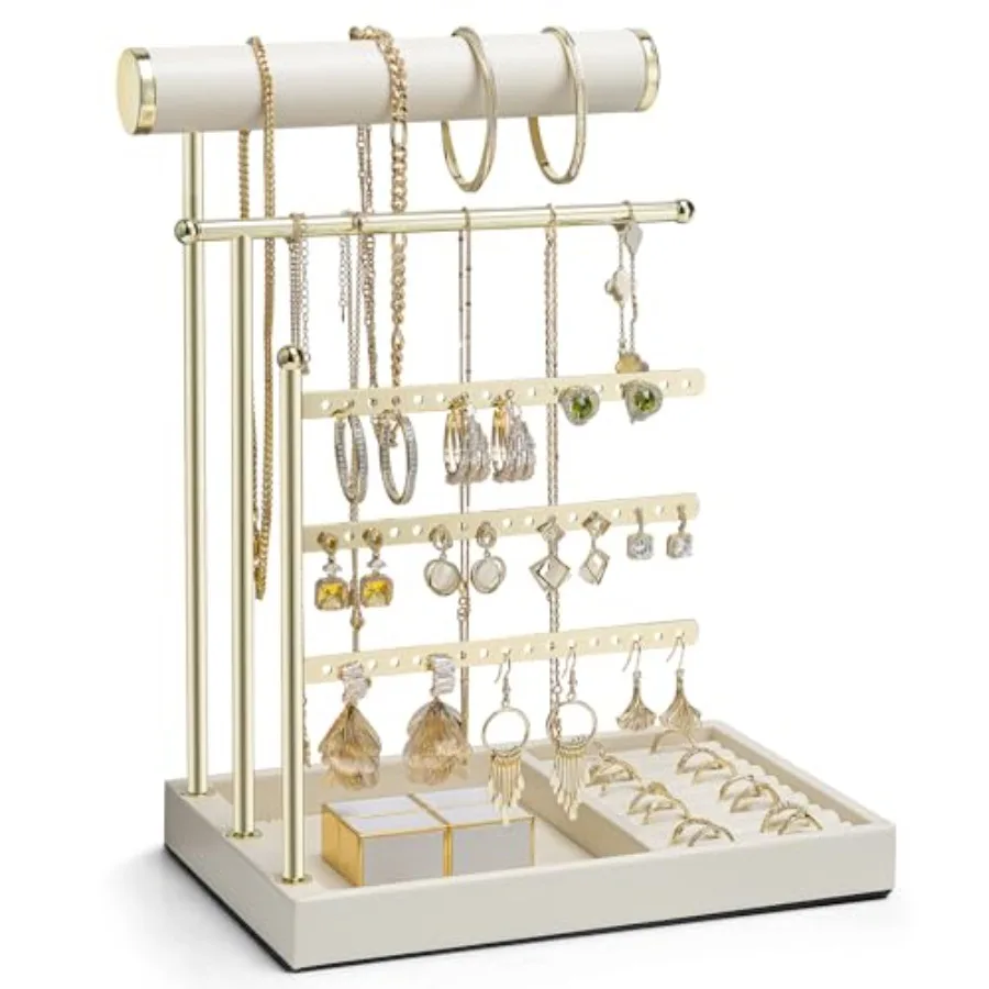 Jewelry Stand Organizer with Ring Holder Tray, Necklace and Earring Storage for Bracelets, Watches and Rings, PU Leather Covere