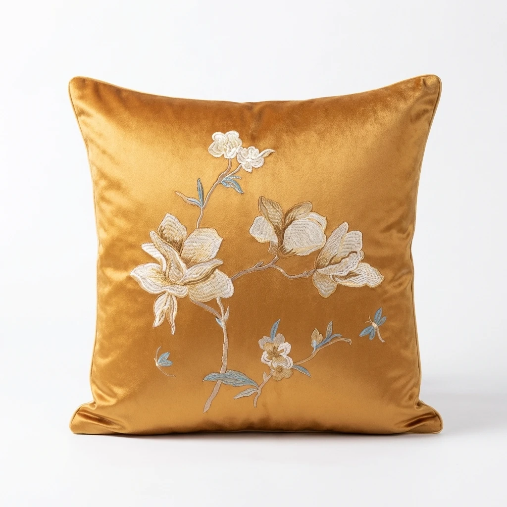 Magnolia Embroidered Velvet Pillow Cover 45x45 50x50cm Floral Dragonfly Decorative Cushion Case for Traditional Sofa Bedroom