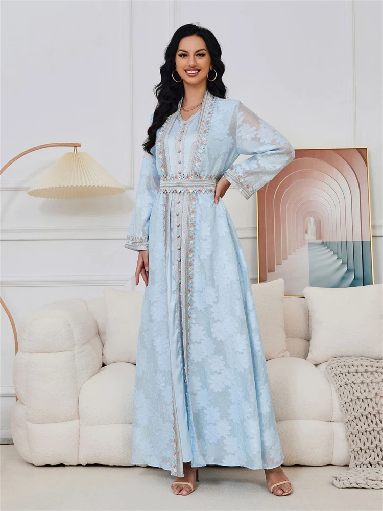 

Puffed-sleeve Cardigan, Elegant Dubai Long Dress, Middle Eastern Robe, Two-piece Set With Rhinestones