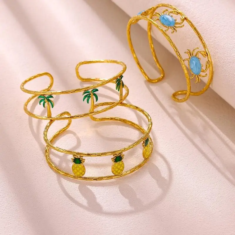 A52E Island Open Cuff Bracelet Stainless Steel Gold Tone Accessory for Vacation Layering, Parties and Daily Styling