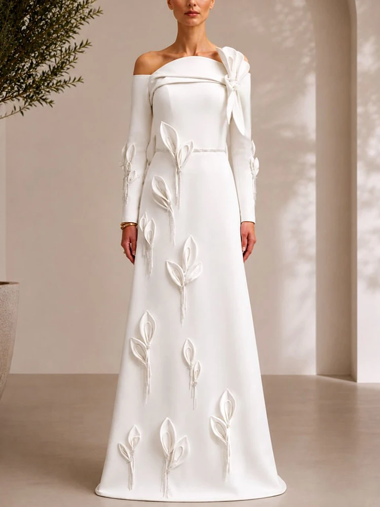 Sexy Off The Shoulder 3D Flower Appliques Maxi Dress Women White Long Sleeves Leafs A-line Dresses Evening Party Gowns