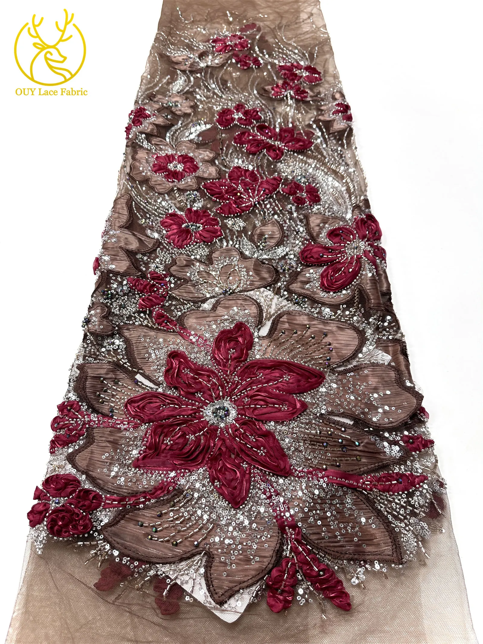 3D-Blumen-Tüll, afrikanischer Spitzenstoff, eleganter französischer nigerianischer Perlen-Pailletten-Mesh-Spitzenstoff für Damen, Hochzeitskleid-Design-Stoff – Detail 21