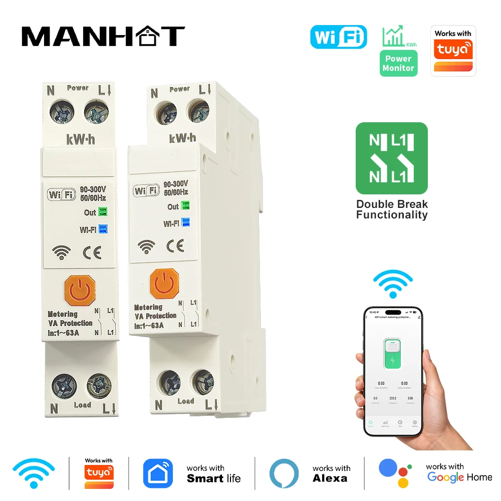 

Умный автоматический выключатель Manhot WIFI MCB с двойным отключением N+L, совместимый с Tuya, для установки на DIN-рейку, с измерением тока и напряжения, защита от перенапряжения, 1-63А