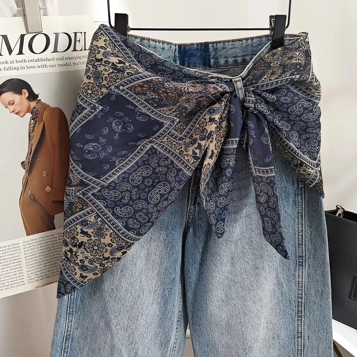 韓国製高級三角スカーフ、バットカーテンデニムオーバーラップアクセサリー、ヘッドスカーフ、スカート、ショルダーショール、バットカーテンパンツ