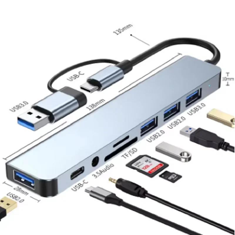  8 in 2 Docking Station USB C Type C  HUB with 3.5mm Audio Jack Adapter Micro SD Card Reader Laptop Tablet Phone Disk Converter