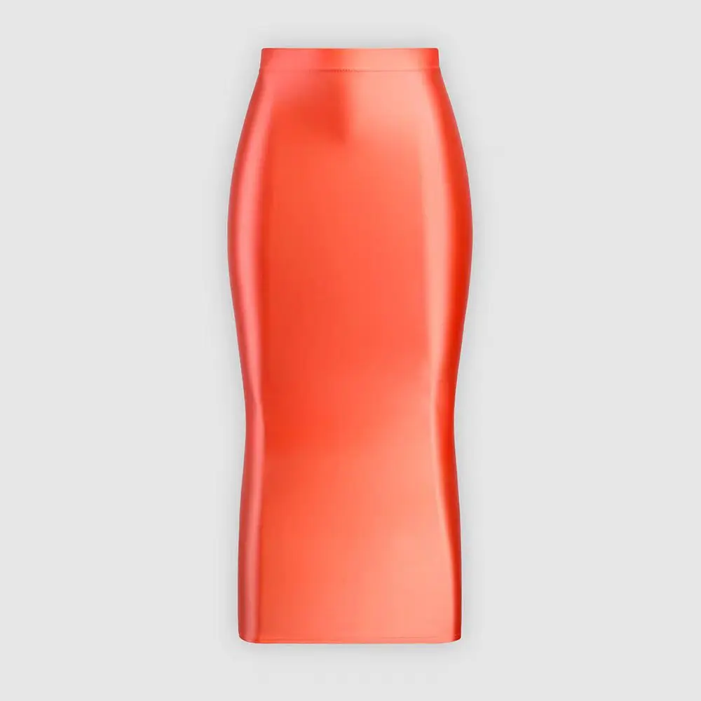 HYRAX Long Glossy Stretch Skirt Sexy One-Step Bag Hip Design Silk Smooth Thin Half Dress for Women Elegant Fashionable