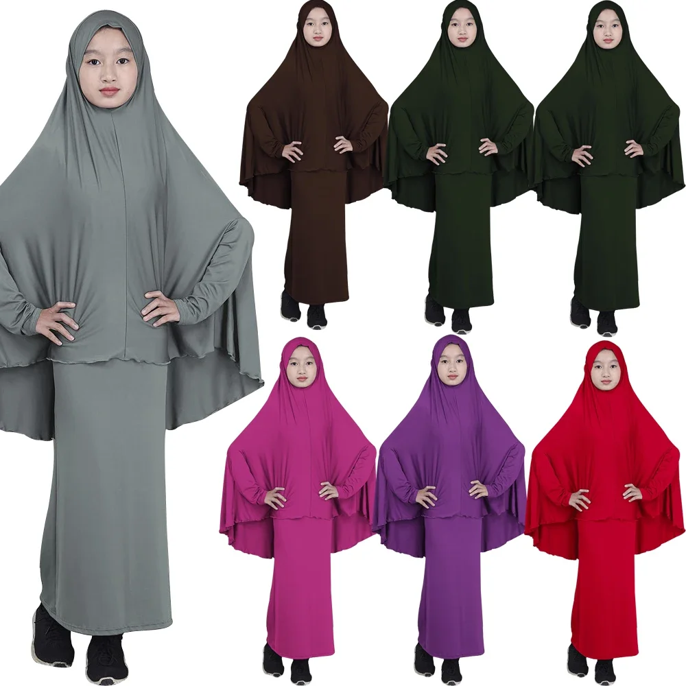 

Eid Hooded Abaya Muslim Kids Girls Robes Long Hijab Maxi Dress Islamic Prayer Clothing Set Ramadan Full Cover Children Arab Set