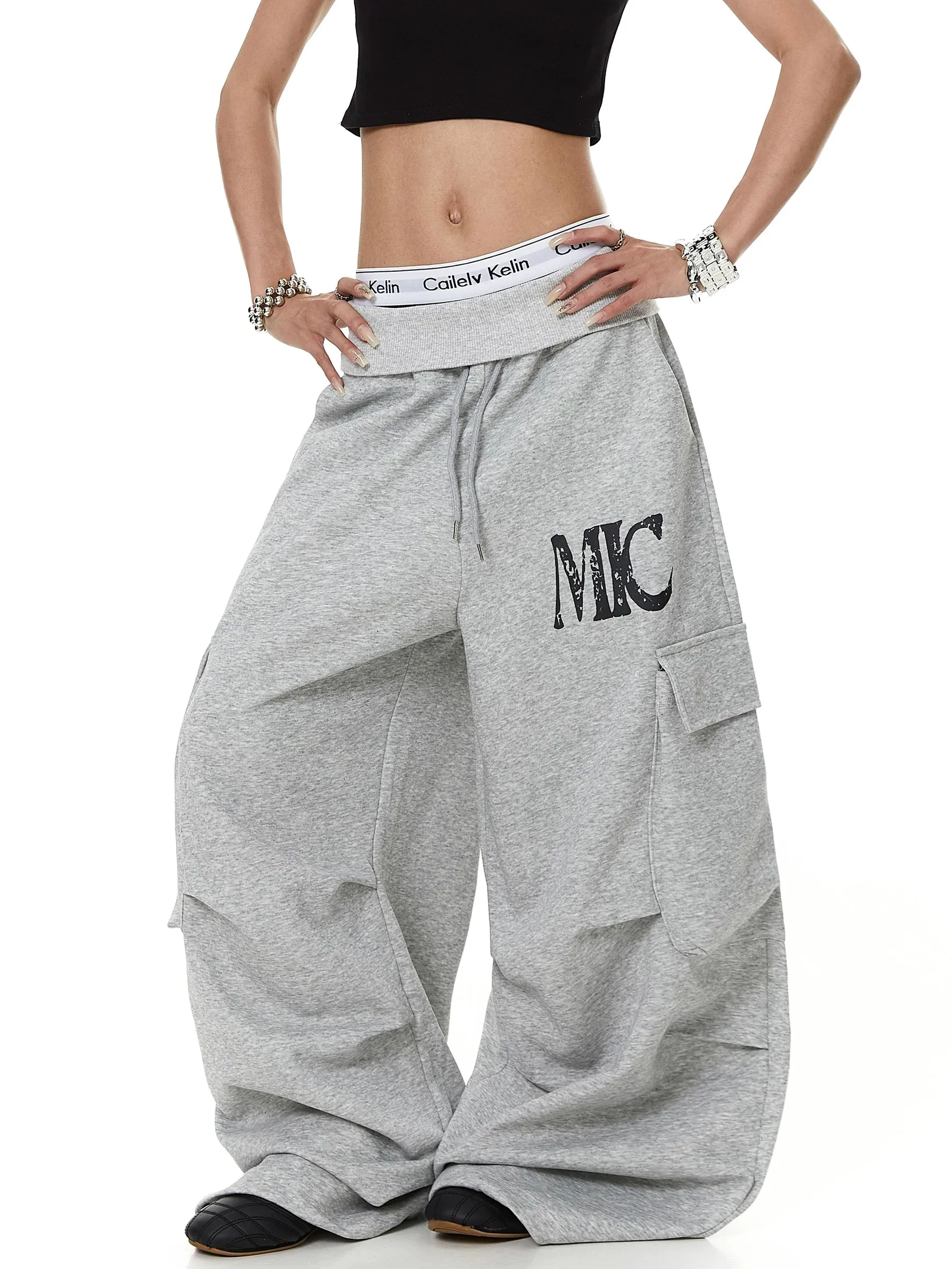American Style High Waist Pleated Jazz Dance Women's Loose Casual Wide Leg Pants Multiple Pockets Street Style Trousers